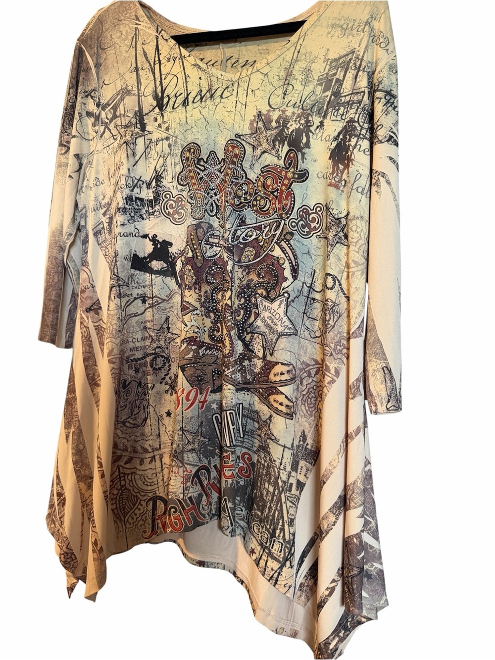 Cactus Western Printed V-Neck Tunic in Cream & Brown